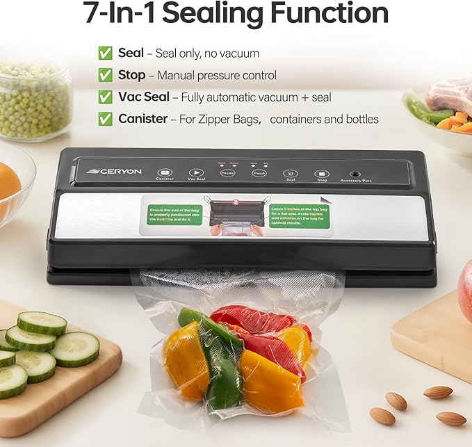 GERYON Vacuum Sealer Machine โ Automatic Food Vacuum Sealer for Dry & Moist Food, Compact with LED Touch Panel, Includes Zipper Bags & Roll, Perfect for Sous Vide & Freezer Storage (Silver)