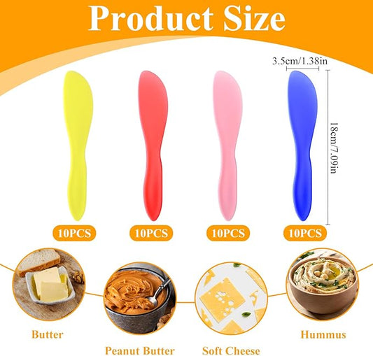 SHENLIU 40 Pcs Plastic Butter Spreader, Multi Purpose Knife Spreader Tools Kitchen Frosting Knives Red Yellow Blue Pink for Cheese Cream Icing Jam Sandwich