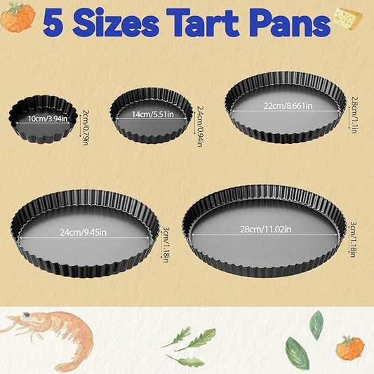 Yiyiring 5 Packs Pie Tart Pans with Removable Bottom 4'' 6" 9" 10" 11" Round Nonstick Quiche Pan Bakeware Pie Tart Molds Steel Flan Tins Fluted Side for Pies Mousse Cheese Cookie Cake Dessert
