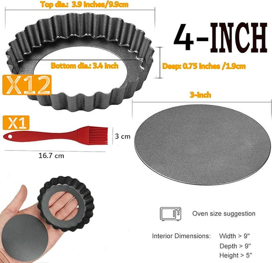 DATANYA 12Packs Mini Tart Pans 4 Inch Tart Pan Removable Bottom Round Nonstick Quiche Pan, Heavy Duty Fluted Side for Pies, Mousse Cakes, Dessert Baking