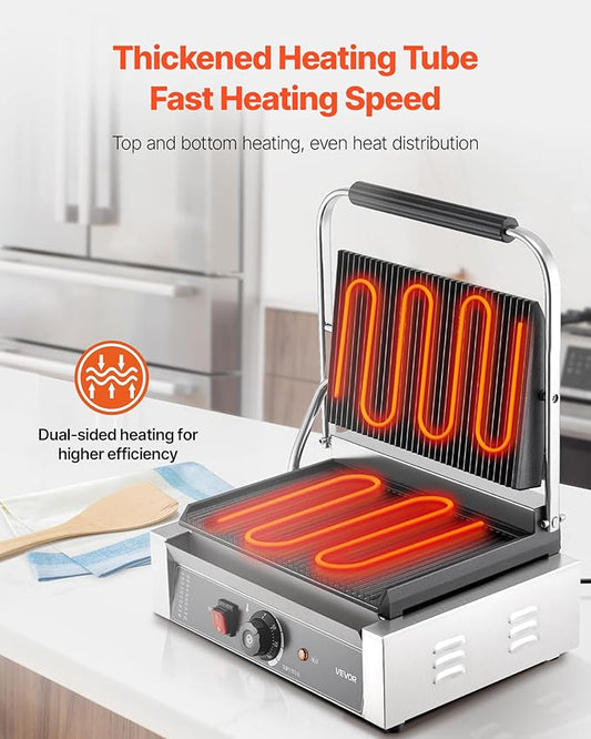 VEVOR Commercial Panini Grill, 1800W Electric Sandwich Panini Maker, Stainless Steel Sandwichs Press with Handle and Temp Control, 13.5x9.3 in Full Grooved Enamel Plate, for Hamburger Steak Bacon
