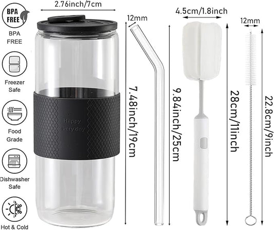 24oz Can Shaped Glass Cups with Silicone Lids and Glass Straw, 2PCS Drinking Glasses with Lids and Straws, and Silicone Sleeves, Beer Glasses, Iced Coffee Cups, Soda, Gift - Black