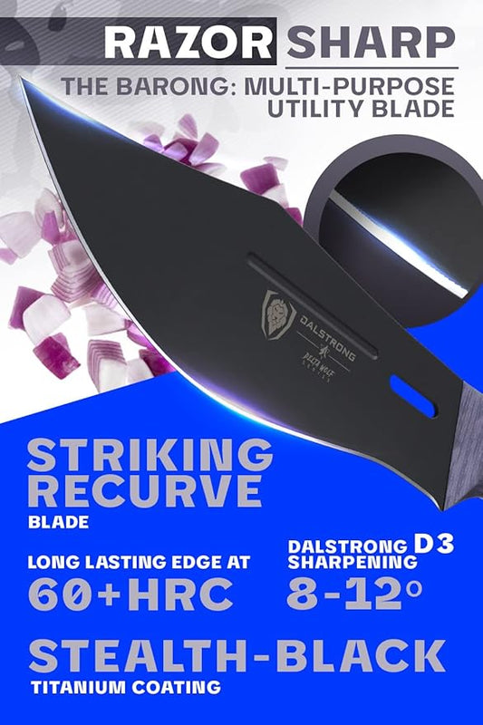 Dalstrong Barong Chef Knife - 7 inch - Delta Wolf Series Knife - Ultra-Thin & Zero Friction Blade - HC 9CR18MOV Steel Kitchen Knife - Black Titanium Nitride Coating - G10 Camo Handle - Leather Sheath