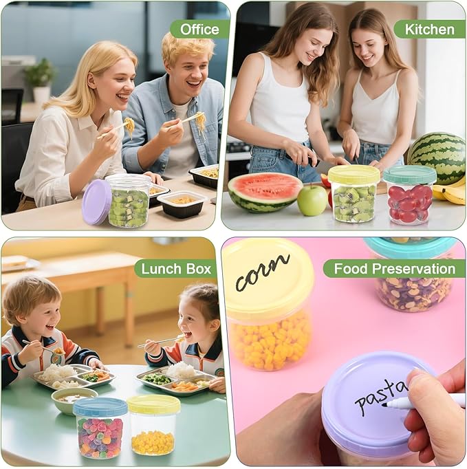 12 Piece 16 oz Plastic Food Storage Containers with Lids, Reusable Freezer Storage Containers, Meal Prep Containers with Pen and Brush, BPA-Free, Screw Top, Microwave & Dishwasher Safe