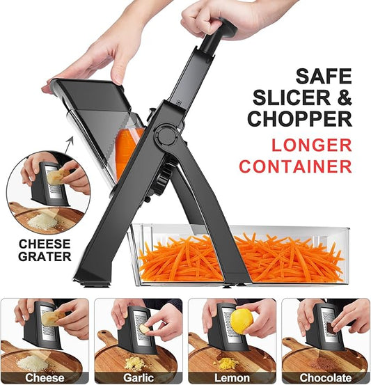 2026 Upgrade Safe Mandoline Slicer S4, Vegetable Chopper, Potato Slicer with Drain Basket Storage Container, Cheese Grater Kitchen Mandolin for Meal Prep (DeepBlack)