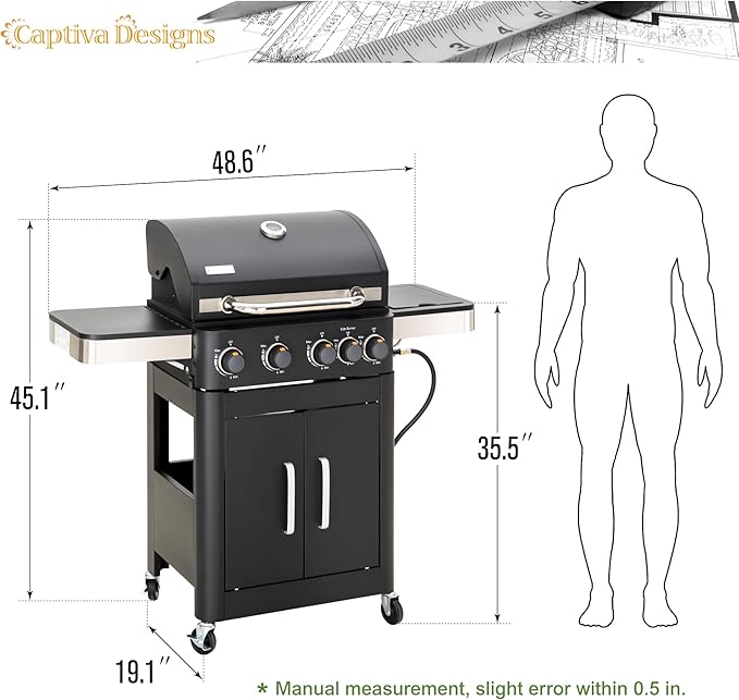 Captiva Designs 4-Burner Propane Gas BBQ Grill with Side Burner & Porcelain-Enameled Cast Iron Grates, 46,700 BTU Output for Outdoor Cooking Kitchen and Patio Backyard Barbecue, Black