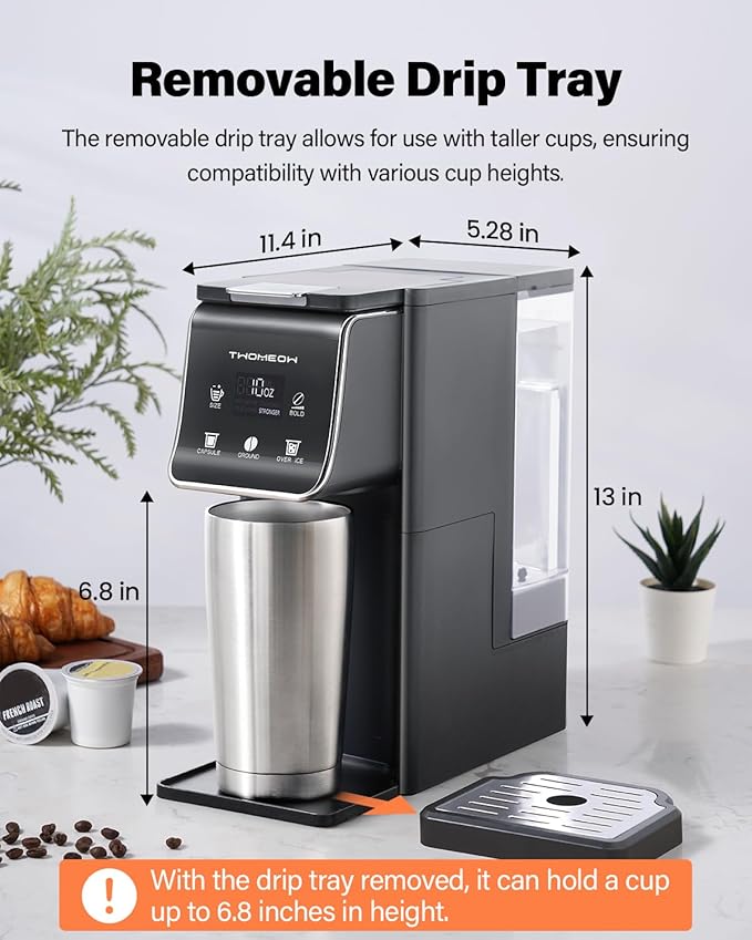 TWOMEOW K Cup Coffee Maker With Bold Setting, Single Serve Hot & Iced Coffee Maker for K-Cup and Grounds, 52oz Removable Reservoir, 6 to14oz Brew Sizes, Pod Coffee Machine With Reusable Filter, Gray