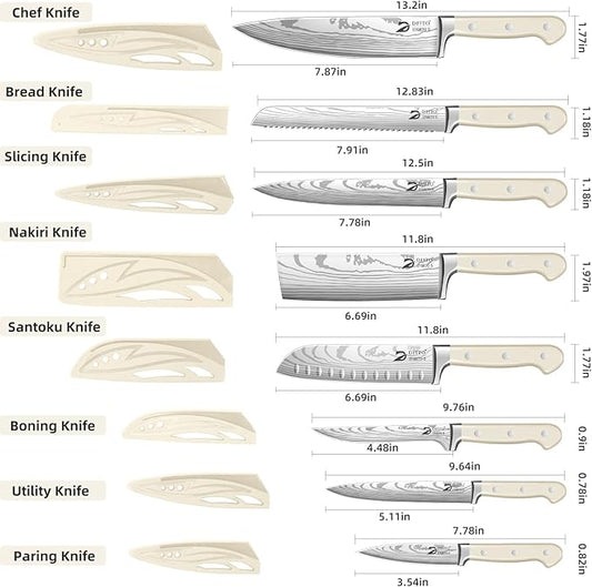 Dfito Chef Knife Set with Roll Bag, 9 Piece Professional Stainless Steel Japanese Kitchen Knife Set with Ergonomic Handle for Professional Chef, Dishwasher Safe, Camping, Travel, BBQ, RV or Gift Beige