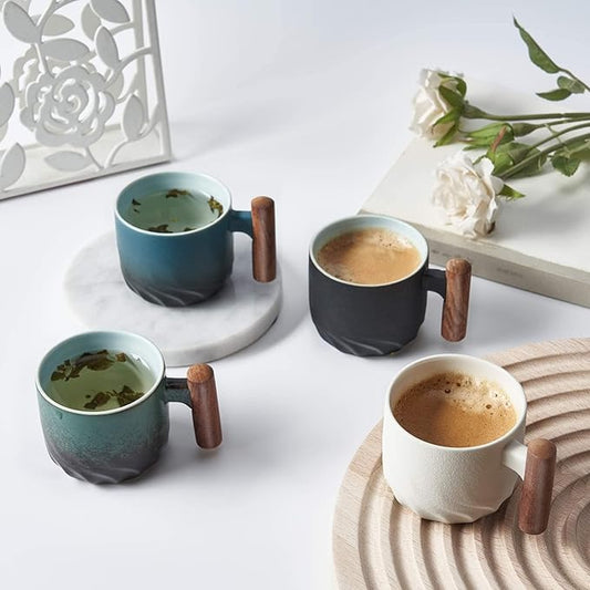 Ceramic Espresso Cups with Wooden Handle Espresso Shot Cups Ceramic Tea Cups Porcelain Demitasse Cups for Coffee or Tea, 2oz (Black-Blue-Green, 6)