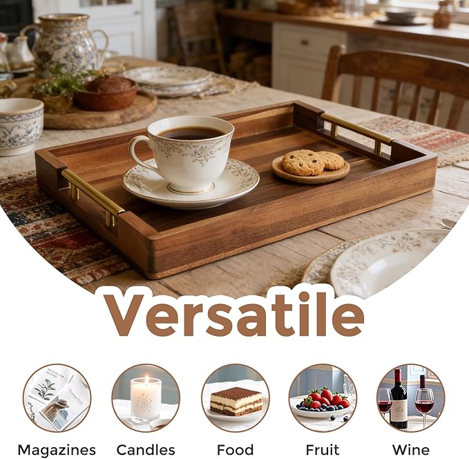 Acacia Wood Serving Tray with Golden Handles, 17 Inch Wooden Tray for Ottoman, Breakfast, Lunch, Dinner, Decorative Rectangular Tray for Living Room, Kitchen Counter, Outdoor