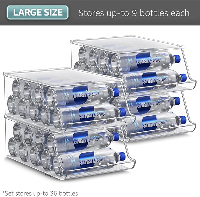 Sorbus Bottle Organizer for Fridge with Lid – Holds 9 Bottles – Stackable Drink Organizer for Refrigerator, Pantry, or Countertop – Clear BPA-Free Plastic Bottle Storage Holder (4 Pack)