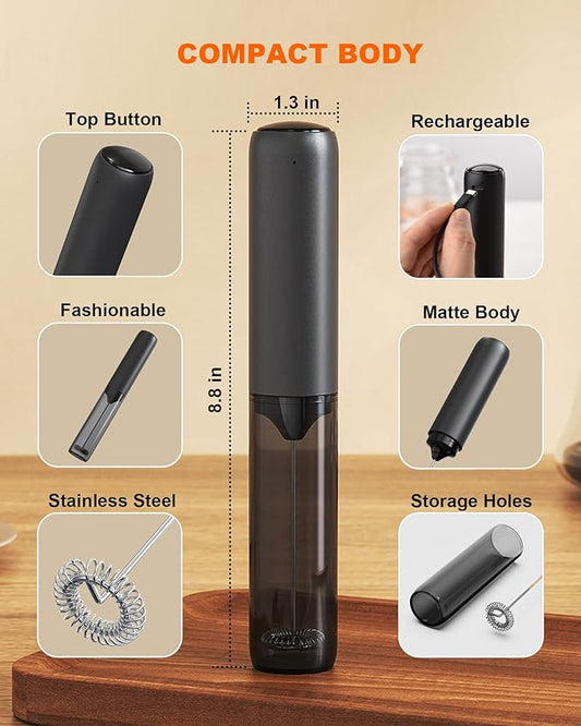 Soenglyun Rechargeable Milk Frother with Cover, Easy to Carry Drink Mixer Handheld, Electric Frother Wand for Coffee, Latte, Cappuccino, Frappe Drink, Hot Chocolate, Black