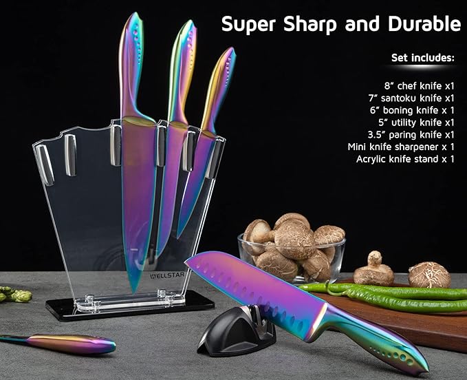 WELLSTAR Rainbow Knife Set 7 Pieces, Iridescent German Stainless Steel Kitchen Knives Set with Acrylic Stand Holder, Colorful Titanium Coating, Chef’s Knife Block Set with 2 Stage Mini Knife Sharpener
