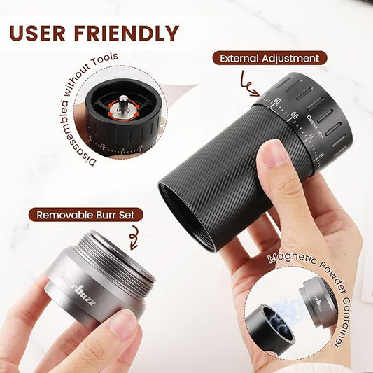 MB2 Manual Coffee Grinder, External Adjustment, 35g Large Capacity Burr Grinder, Magnetic Catch Cup Less Mess, Stainless Steel Burr Espresso Grinder Great Flavor in Pour Over, French Press
