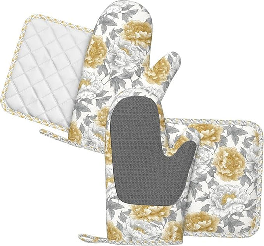Oven Mitts and Pot Holders Vintage Flower Peony Floral Silicone Kitchen Accessories Set of 4 Heat Resistant Long Gloves Potholder Non-Slip Grip for Chef Cooking Baking Grilling BBQ