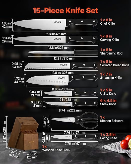 VEVOR Kitchen Knife Set with Block and Sharpener, 15 Piece German High Carbon Stainless Steel Knife Set, Kitchen Cutlery with ABS Ergonomic Handle, Sharpening Rod and Wooden Block, for Home Cooks