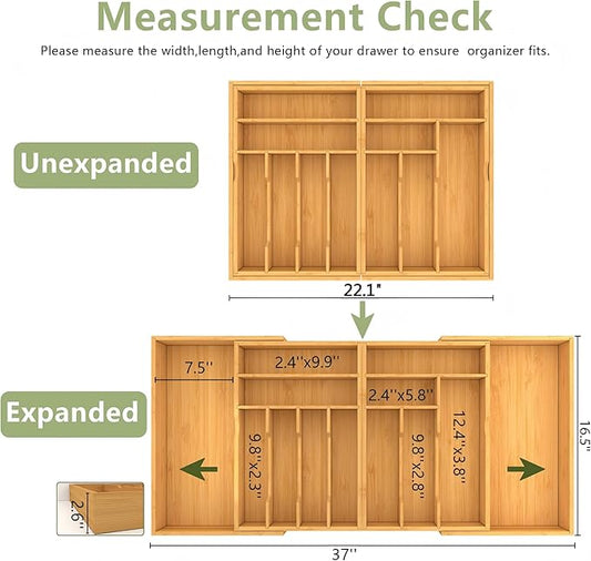 Suli Large Silverware Drawer Organizer,Adjustable Kitchen Flatware for Forks Knives and Spoons, Bamboo Cutlery Utensil Holder,Expandable from 22in-37in,Natural Bamboo