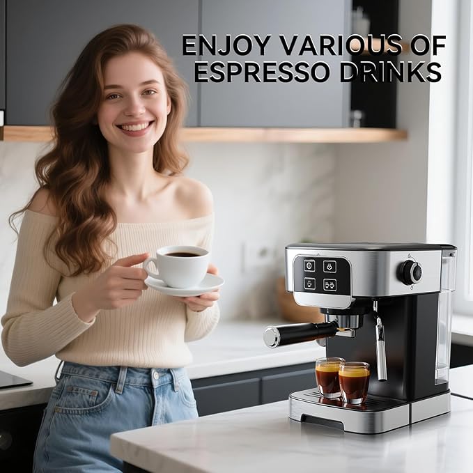 TINTALK Espresso Machine 20 Bar with Steam Milk Frother, Stainless Steel Coffee Machine with Removable Water Tank for Cappuccino,Latte, Compact Stainless Steel Coffee maker for home,Great Gift