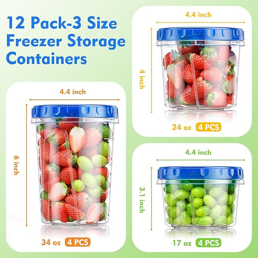 12 Pack- 34/24/17oz Freezer Storage Containers, Plastic Food Storage Containers with Twist Top Lids, BPA Free and Reusable Soup Containers with Lids, Leakproof/Microwave/Dishwasher Safe