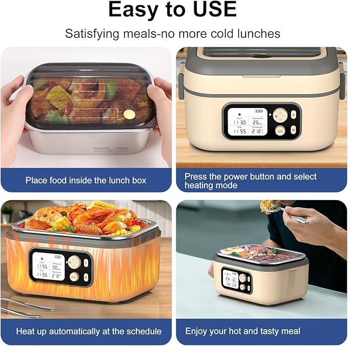 Cordless Electric Heated Lunch Box, 1.5L 6.3Cups 24000mAh Rechargeable Battery Self-Heating Lunch Box, Smart Timer, Even Heating, 100W Portable Food Warmer for Office, Picnic, Car, Outdoor