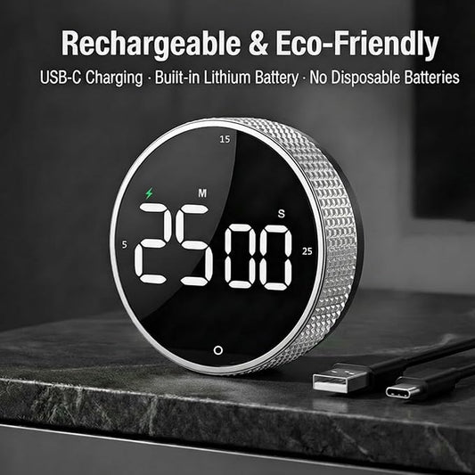 Rechargeable Magnetic Kitchen Timer,LED Countdown/Up Timer, Supports USB-C Charging,with Loud Alarm,3 Preset Quick Times(5/15/25m),Perfect for Kitchen Cooking, Studying, and Fitness (Silver)
