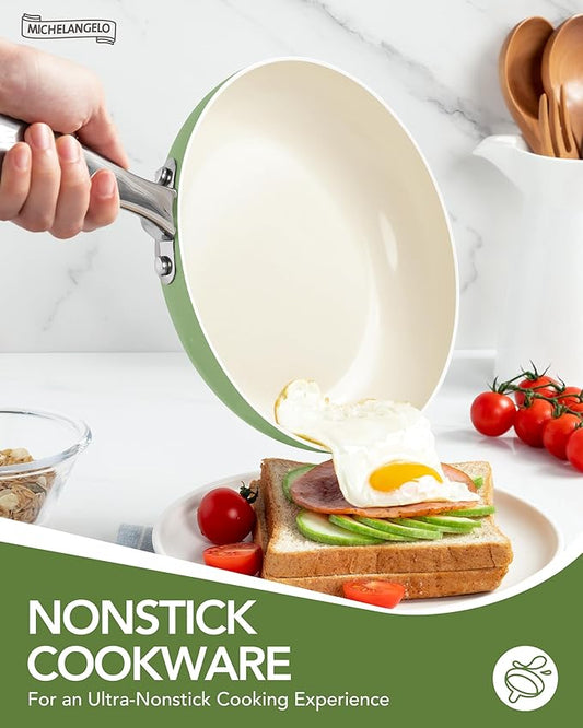 MICHELANGELO Pots and Pans Set - Nonstick Ceramic Cookware Set, 8-Piece Healthy Cooking Set, Non-Toxic, Oven Safe & Compatible with All Stovetops - Green