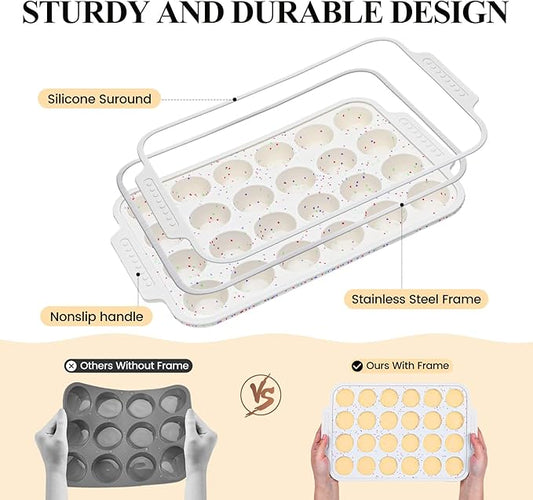 Vinino 2-Pack Silicone Mini Muffin Pan for Baking, 24 Cup Mini Cupcake Pan with Metal Reinforced Frame, Nonstick Muffin Tray with Non-Slip Handle, Silicone Molds for Oven, BPA Free, Dishwasher Safe