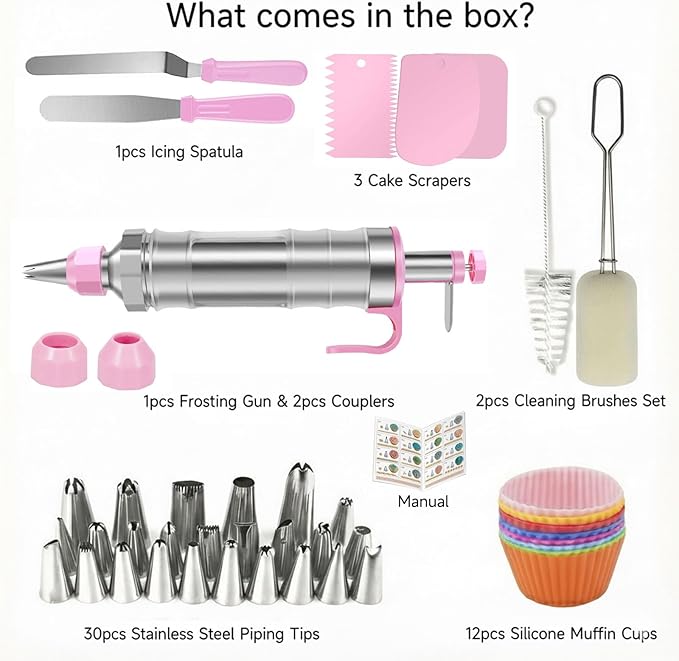Dessert Decorating Syringe Set, Icing Piping Kit Stainless Steels Cake Decorating Tools 30 Piping Icing Nozzles Cupcake Decorating Kit - Pink