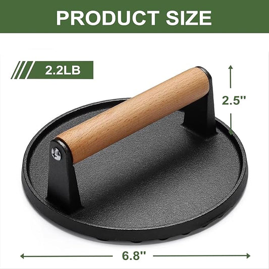 Iron Burger Press, 6.8'' Round Heavy-Duty Cast Iron Smash Bacon Press, with Non-Slip Wooden Handle, Grill Weight for Griddle, Sandwich, Nonstick Pan