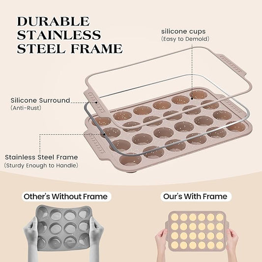 AOTASO 1 Pc Silicone Muffin Pans for Baking with Metal Reinforced Frame, Nonstick Cupcake Tray for Oven, 24 Cups Mini Size Silicone Molds for Egg Bites, Dishwasher Safe (Brown)