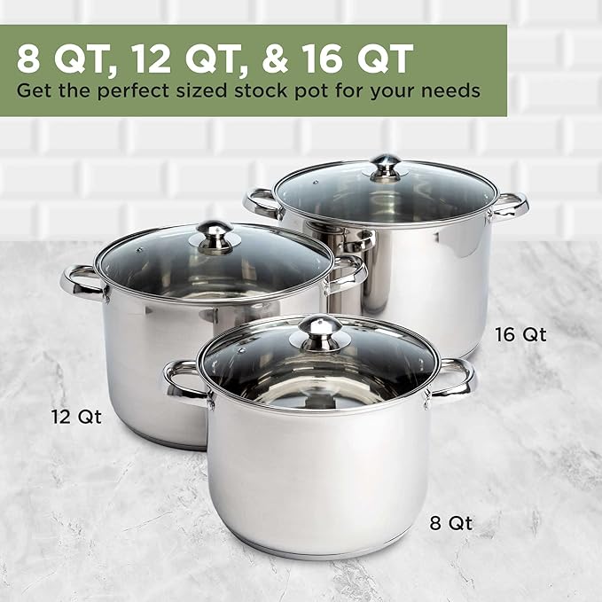 Ecolution Pure Intentions Stock Pot - Features Tempered Glass Lid, Keep Cool Handle, and Encapsulated Bottom - Oven Safe - Curbside Recyclable Stainless Steel - 16 Quarts