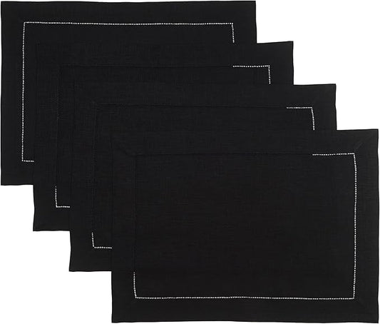 D'Moksha Homes Linen Placemats Set of 4 - Classic Hemstitch Black Placemats 14 x 19 Inch - 100% Pure Linen Table Mats for Spring, Easter - Handcrafted and Machine Washable