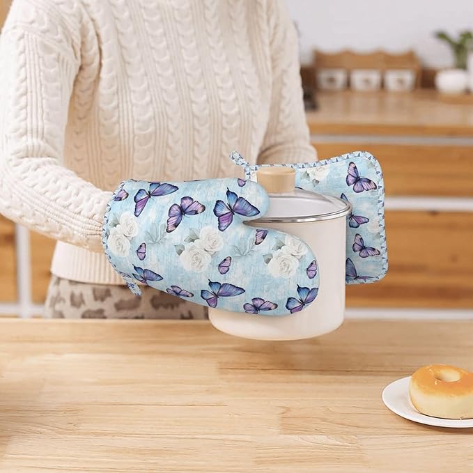 Oven Mitts and Pot Holders Blue Pastel Butterfly Flower Rose Silicone Kitchen Accessories Set of 4 Heat Resistant Long Gloves Potholder Non-Slip Grip for Chef Cooking Baking Grilling BBQ