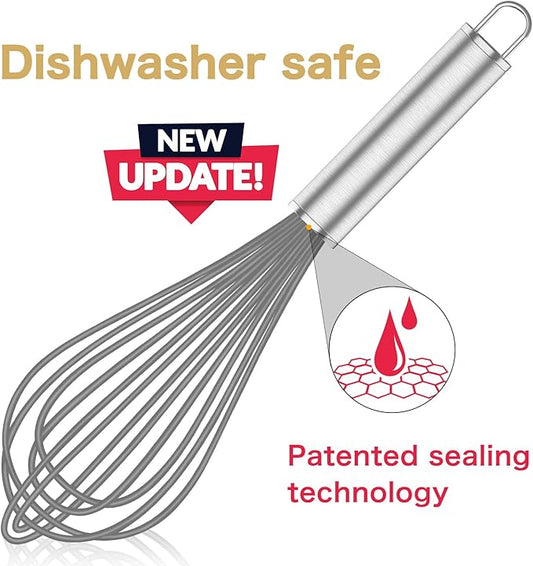 Grey Silicone Whisk, Professional Whisks For Cooking Non-Scratch, Stainless Steel & Silicone Wisk, Plastic Rubber Whisk Tool For Nonstick Cookware Pans, Silicon Wisks Set of 3