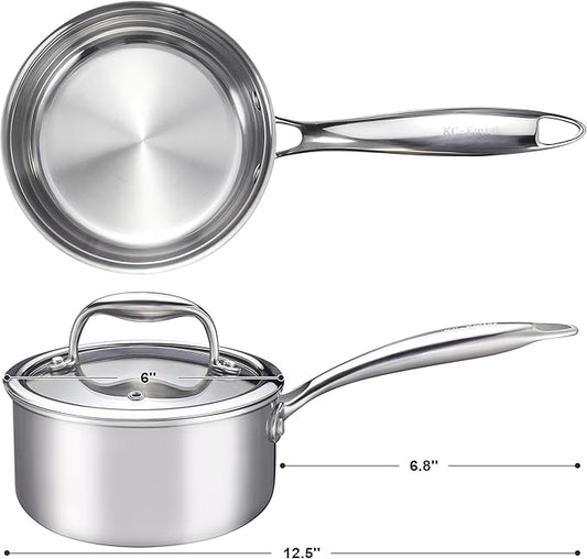 KC-Emier 1-Quart Saucepan with Lid, Tri-Ply Stainless Steel Pot with Stay-Cool Handle & All Cooktop Compatibility (Gas, Ceramic, Electric) - Silver