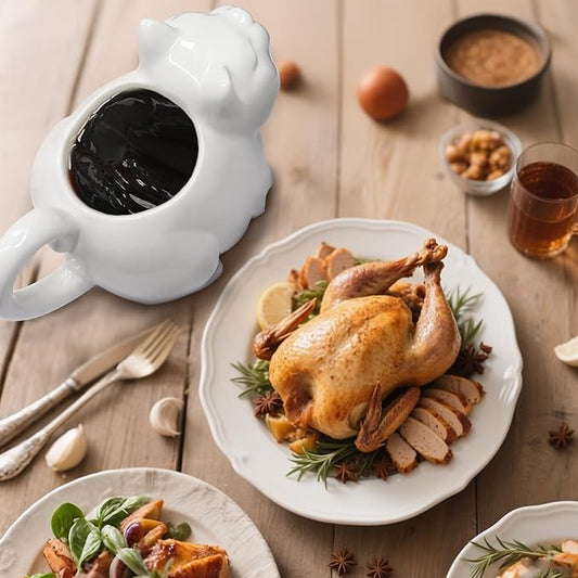 Ceramic Gravy Boat,700ML/23Oz Cat Sauce Jug with Hand Painted White Fine Porcelain - Perfect for Serving Jars of Salad Dressing, Broth, Cream, Milk for Thanksgiving, Halloween, Christmas