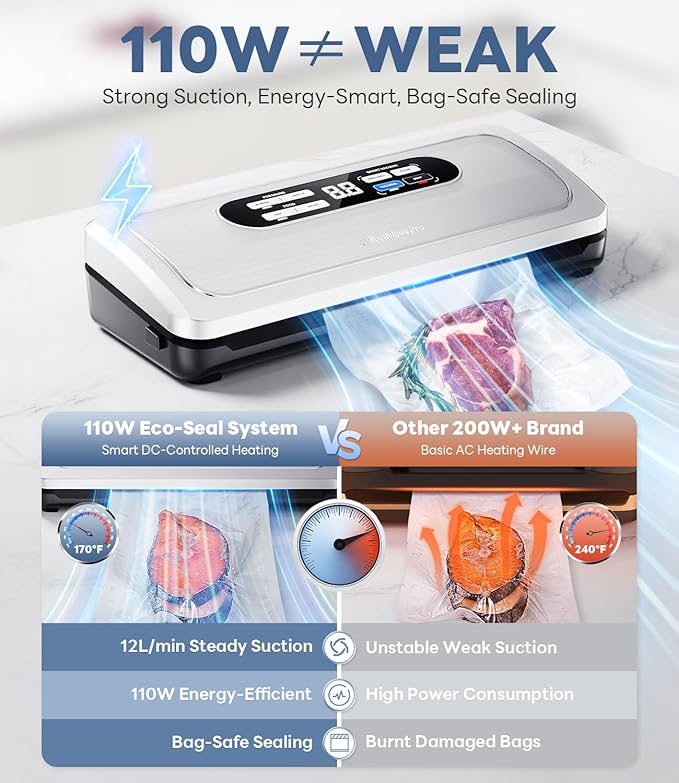 Vacuum Sealer Machine with AirLock ProSeal System, 10-in-1 Vacuum Sealer for Food, Dry & Moist Modes, Compact Design with Digital Timer, Built-in Cutter & Roll Storage, Stainless Steel