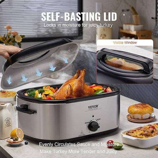 VEVOR Electric Turkey Oven, 26 QT Capacity with Auto-Basting Cover, 1450W, Features Defrost & Keep Warm Settings, Temperature Control, Includes Detachable Pan & Rack, Accommodates Up to 30LBS Turke