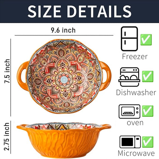 Bohemia Large Bowls with Handle, 40 oz Ceramic Soup Bowl for Salad, Pasta, Cereal,Fruit, Udon, Microwave & Dishwasher Safe (Orange)