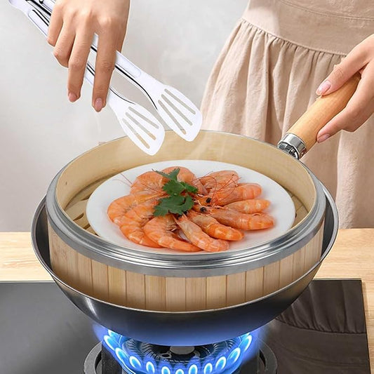11.8-Inch Vertical Bamboo Steamer Basket, 3-Tier with Stainless Steel Rings | 50 Liners, Sauce Dish & 2-Chopsticks | Cooking Pot for Buns Dumplings Rice Vegetables Dim Sum