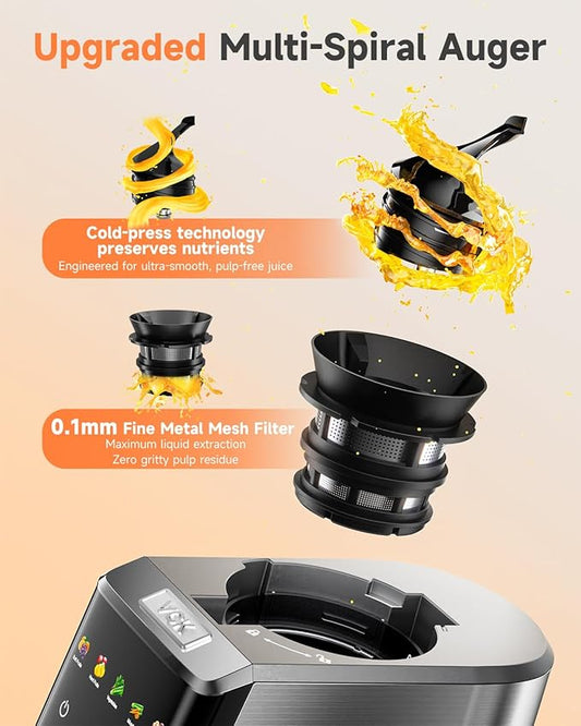 Cold Press Juicer with Large 5.12" Feed Chute- Slow Masticating Technology for Nutrient Retention, Quiet Motor, High Juice Yield, Leakproof Base- Perfect for Fruits Vegetables & Leafy Greens-Grey