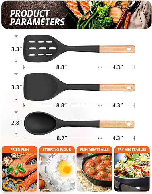 Badiano Pack of 3 Silicone Spatula, Non Stick Cooking Utensil Set, Wooden Handle Kitchen Turner for Baking Mixing Grilling Serving Food Heat Resistant, Black