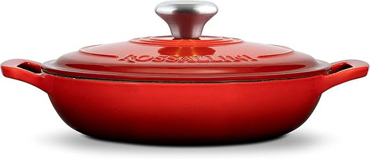ROSSALLINI Signature Enameled Cast Iron Braiser, Non-Stick Serving Pot with Tight Fitting Lid for Perfect Roasting, Baking, Sauteing, Searing, and Pan Frying | 5Q (4.7L) - Red