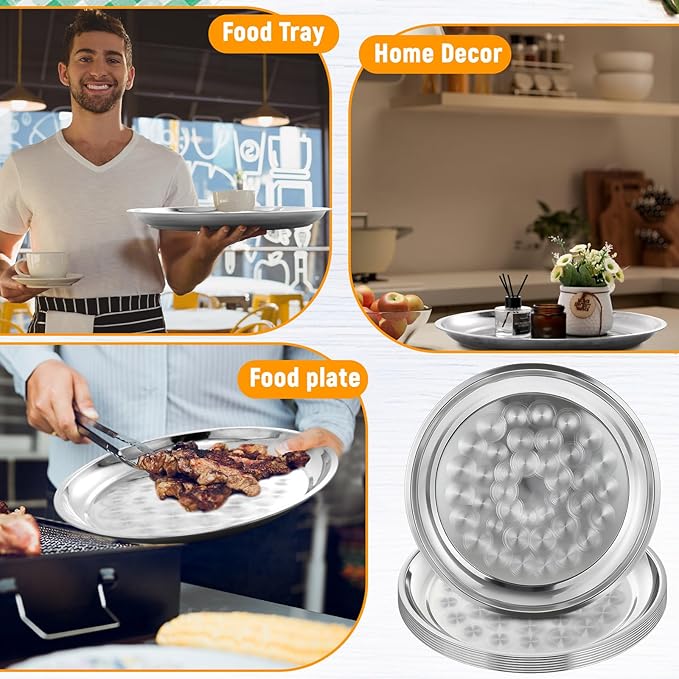 12 Pack Stainless Steel Round Serving Tray with Swirl Pattern Bulk Large Round Tray Silver Metal Display Serving Platter for Coffee Party Club Home (16 Inch)