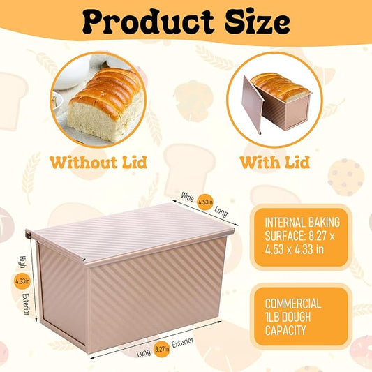 Tobeelec 2 Pcs Pullman Loaf Pan with Lid, Non-Stick Rose Gold Bread Loaf Pans for Homemade Bread 1 lb Carbon Steel Bread Toast Box with Cover for Bakeware Bread Toast Oven Baking