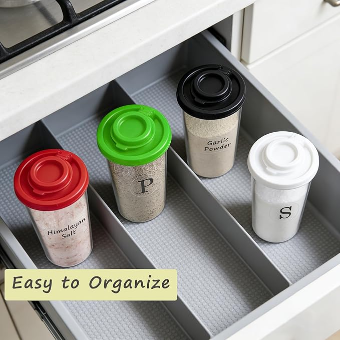 Plastic Salt and Pepper Shakers Set with 4 Color Lids & 20 Labels – Clear Spice Jars, Reusable, Refillable Seasoning Containers for Kitchen, Cooking, Baking – Easy Storage & Organization