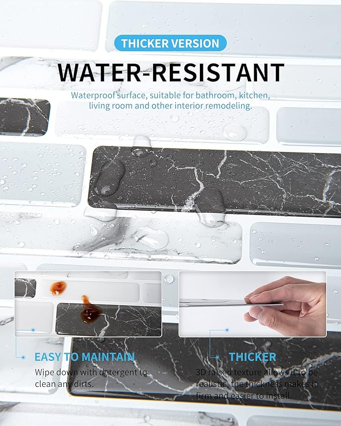 Art3d Thick Peel-and-Stick Kitchen Backsplash Tile, 10-Sheet Marble Design Self Adhesive Wall Tiles for Kitchen Bathroom Back Splash - Grey