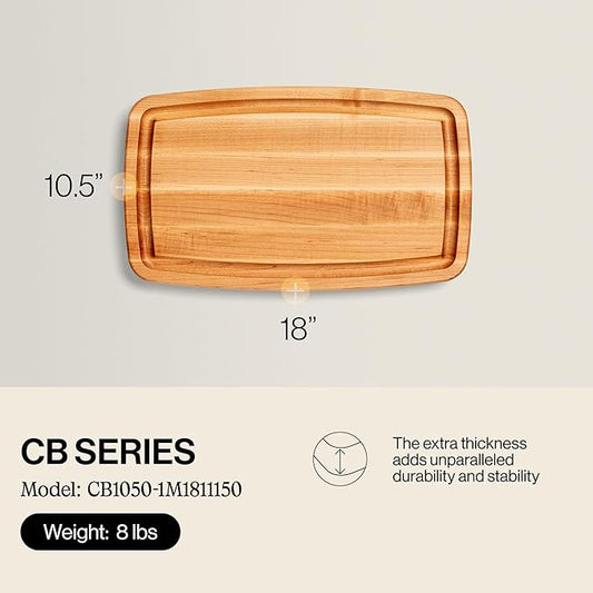 John Boos CB Series Rectangular Wooden Maple Cutting Board 18”x10.5” – 1.5” Thick, 8-lb Reversible Butcher Block with Rounded Edges, Juice Groove, Edge-Grain & Finger Grips – Made in the USA