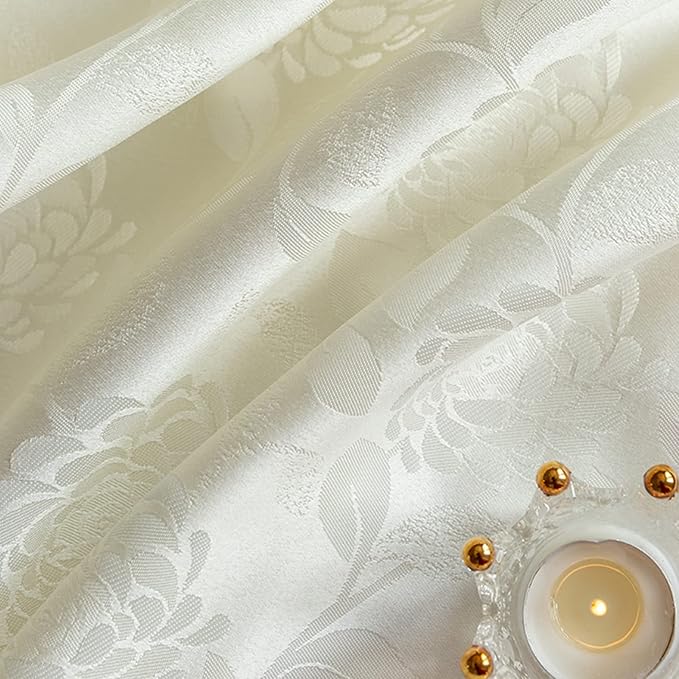Rose Jacquard Textured Tablecloth Waterproof Spillproof Lace Trim Rectangle Table Cloth, Oblong Table Cover for Kitchen Dinning Tabletop Decor,60x120 Inch,Ivory White