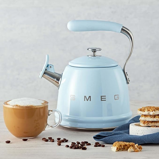 SMEG Stovetop Whistling Kettle – 50s Retro Style, 2.3 Liter (10 Cup / 2.4 Quart) Stainless Steel Tea Kettle with Iconic Design & Whistle – Premium Kitchen Statement Piece-Pastel Blue